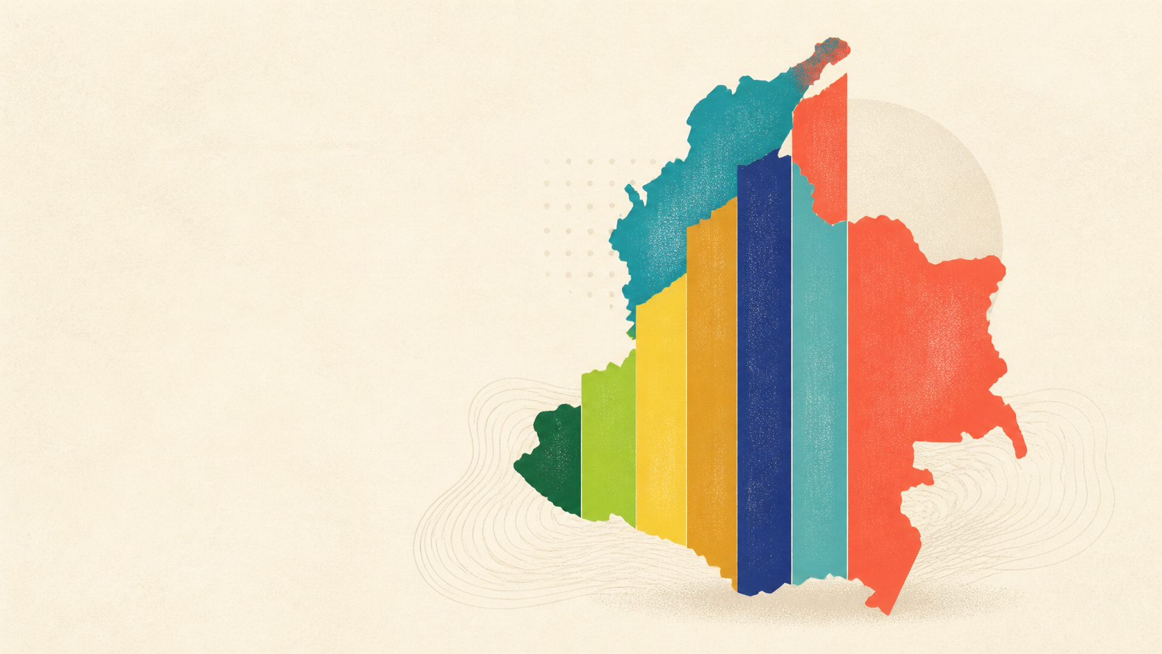 Ilustración editorial de Colombia con siete barras de colores que representan las tasas máximas de crédito.