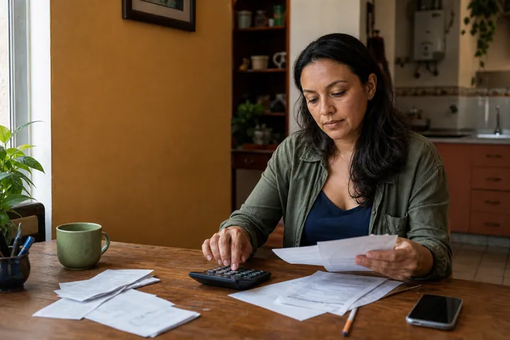 Mujer revisando documentos y una calculadora antes de tomar una decisión de crédito